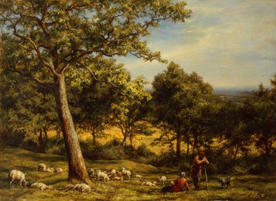 En hyrde og flokken hans i et solbelyst skogslandskap av William Linnell