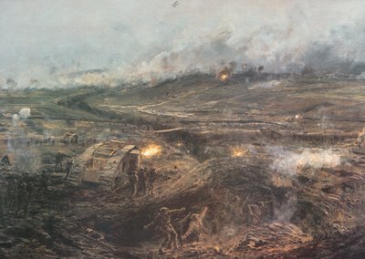 'Dawn, 20th November 1917' - Britiske stridsvogner ruller i aksjon ved Cambrai, Frankrike av William Lionel (after) Wyllie