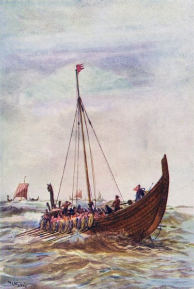 Krigsskip fra kong Alfreds tid (farge litho) av William Lionel (after) Wyllie