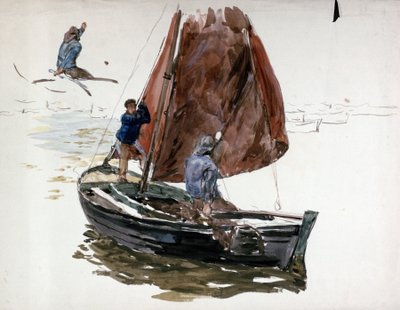 En mann og en gutt om bord i en liten seilbåt. Akvarell av William Lionel Wyllie