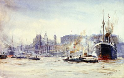 Aktivitetsscene langs Irongate Quay, på Themsen (England), med Tower Bridge i det fjerne av William Lionel Wyllie