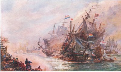 Blakes tredagers engasjement med Von Tromp, fra Cassells History of the British People utgitt av Waverley Book Company Limited, ca. 1940 av William Lionel Wyllie