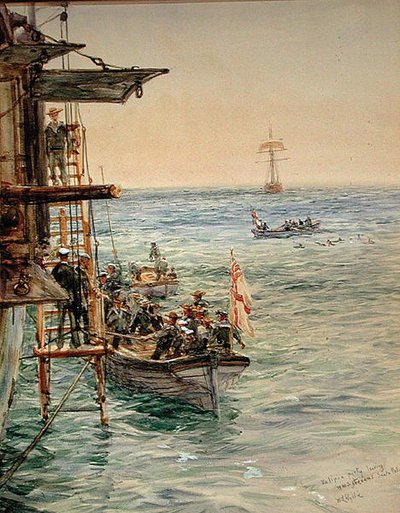 Eclipse Party forlater H.M.S. Theseus, Santa Pola (akvarell på papir) av William Lionel Wyllie