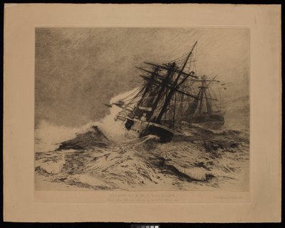 HMS Calliopes rømning fra Apia havn i Samoa, 16. mars 1889 (etsing) av William Lionel Wyllie