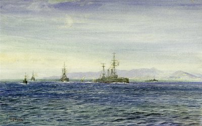HMS #39;Albemarle#39;, i Firth of Moray (Skottland), en trekantet inngang til Nordsjøen, dette krigsskipet tjente under første verdenskrig som patruljebåt for Kanalflåten, deretter tjente det som isbryter for å hjelpe Archangel i 1916. av William Lionel Wyllie