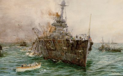 HMS #39;Audacious#39; synker utenfor Loch Swilly etter å ha truffet en mine, 27. oktober 1914, tidlig på 1900-tallet (akvarell) av William Lionel Wyllie