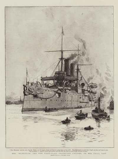 HMS Blenheim, den nye førsteklasses beskyttede krysseren, på sin prøvetur av William Lionel Wyllie