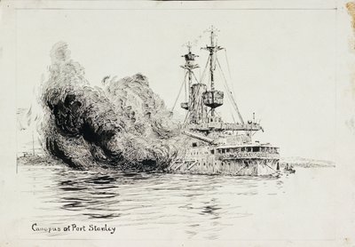 HMS #39;Canopus#39; ved Port Stanley, avfyrer åpningssalvene fra slaget om Falklandsøyene, 8. desember 1914 (penn og blekk, med svart vask, på kort) av William Lionel Wyllie