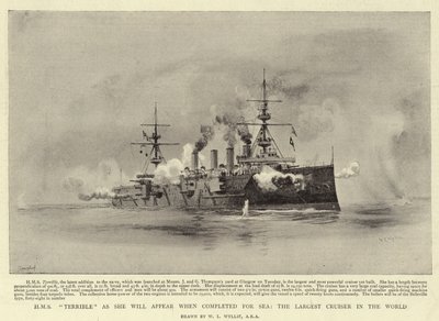 H M S Forferdelig som hun vil vises når den er fullført for Sea, den største krysseren i verden av William Lionel Wyllie