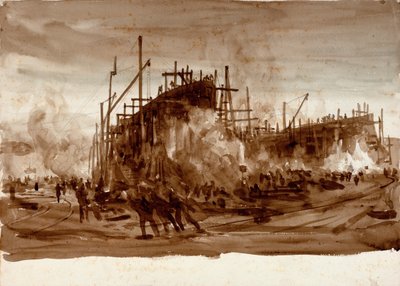 Jernskip på stokkene, ca. 1910 (brunvask) av William Lionel Wyllie