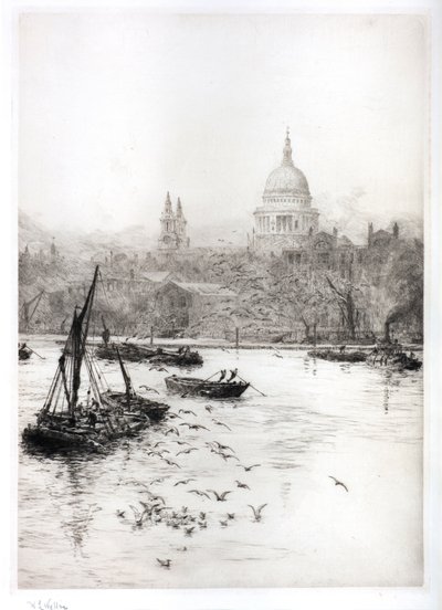 Skipsfart og måker under St. Pauls (akvarell) av William Lionel Wyllie