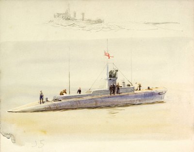 Ubåt J.5 og grov skisse av et annet kampfartøy, tidlig på 1900-tallet (akvarell, grafitt) av William Lionel Wyllie