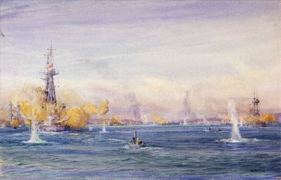 Slaget ved Dardanellene (1915) (Tyrkia), under Gallipoli-felttoget, i Marmarahavet. Akvarell, cirka 1915 av William Lionel Wyllie (1851–1931). av William Lionel Wyllie