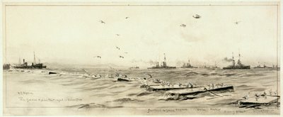 Den tyske høysjøflåten fanget i Scapa, ca. 1918 (vasket, grå, forhøyet med hvitt) av William Lionel Wyllie