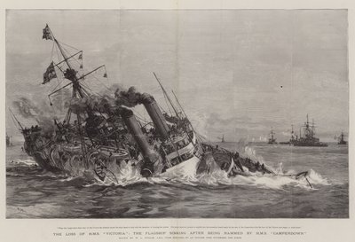 Tapet av HMS Victoria, flaggskipet som synker etter å ha blitt rammet av HMS Camperdown av William Lionel Wyllie