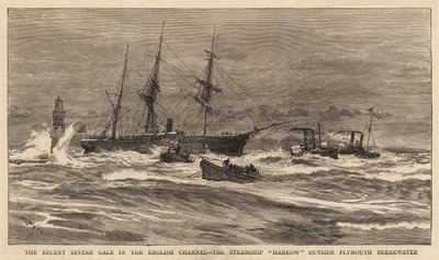 Den nylige alvorlige kulingen i Den engelske kanal, dampskipet Hankow utenfor Plymouth Breakwater av William Lionel Wyllie