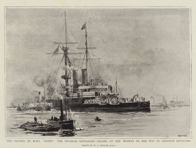 The Salving of HMS Howe, det funksjonshemmede slagskipet som passerer opp Medway på vei til Chatham Dockyard av William Lionel Wyllie