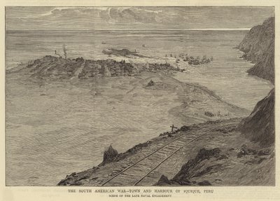 Den søramerikanske krigen, byen og havnen i Iquique, Peru av William Lionel Wyllie
