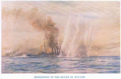The Southampton in the Battle of Jutland, fra Cassells History of the British People utgitt av Waverley Book Company Limited, ca. 1940 av William Lionel Wyllie