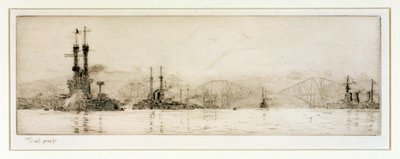 De amerikanske slagskipene «New York» og «Texas» utenfor Rosyth, ca. 1918 (etsing, berørt med grafitt) av William Lionel Wyllie