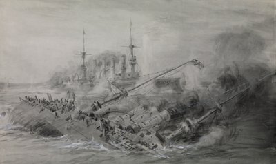 Den siste av «Scharnhorst» og «Gneisenau»; slaget ved Falklandsøyene, 8. desember 1914, ca. 16.15, ca. 1915–18 (vasket, grå, forhøyet med hvitt) av William Lionel Wyllie