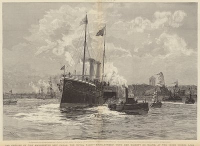 Åpningen av Manchester Ship Canal, Royal Yacht Enchantress med Hennes Majestet om bord, ved Mode Wheel Lock av William Lionel Wyllie