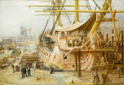 Restaureringen av HMS «Victory» i havnebassenget i Portsmouth (England), etter at en større nasjonal finansieringsoperasjon for å redde skipet fra seieren over Trafalgar (1805) ble satt i gang. Skipet ble satt tilbake på vannet i april 1925. av William Lionel Wyllie