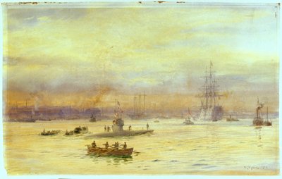 Denne utsikten ser opp over havnen på Gosport-siden der en ubåt kjører inn, med en annen foran den. av William Lionel Wyllie