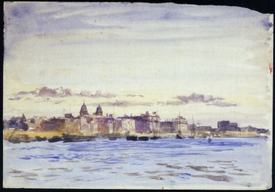 Utsikt over Royal Naval College i Greenwich (England) ved Themsen ved solnedgang, tatt fra Blackwall (motsatt bredd). Akvarell, tidlig på 1900-tallet, av William Lionel Wyllie (1851–1931). av William Lionel Wyllie