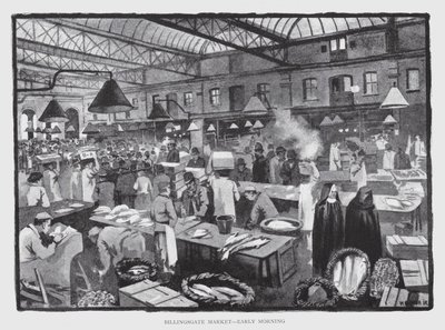 Billingsgate Market, tidlig morgen (litho) av William Luker