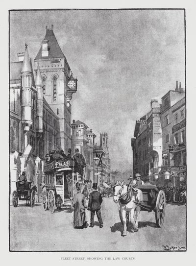 Fleet Street, som viser Law Courts (litho) av William Luker