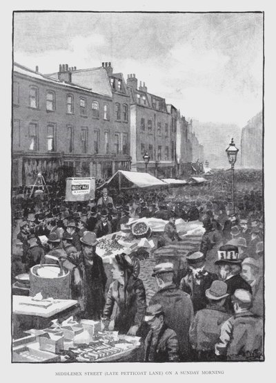 Middlesex Street, sent Petticoat Lane, på en søndag morgen (litho) av William Luker