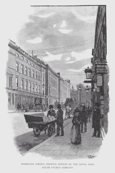 Moorgate Street, som viser kontorene til Royal Mail Steam Packet Company (litho) av William Luker