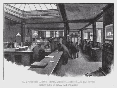 No 5 Fenchurch Avenue, Mrs Anderson, Anderson og Cos kontorer, Orient Line of Royal Mail Steamers (litho) av William Luker