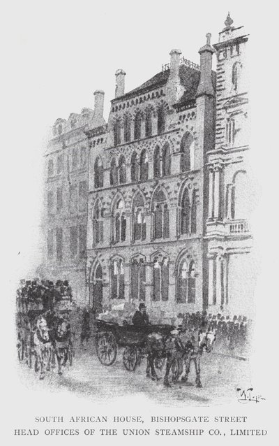 South African House, Bishopsgate Street, hovedkontorer til Union Steamship Co, Limited (litho) av William Luker