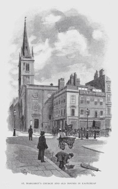 St Margarets kirke og gamle hus i Eastcheap (litho) av William Luker