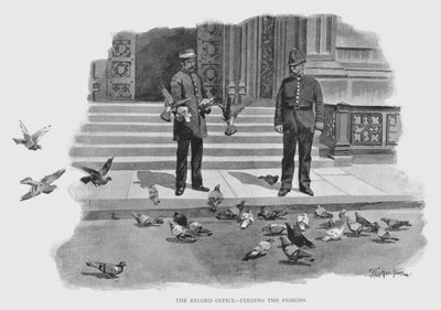 Record Office, Feeding the Pigeons (litho) av William Luker