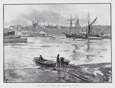Tower of London fra South Side of River (litho) av William Luker