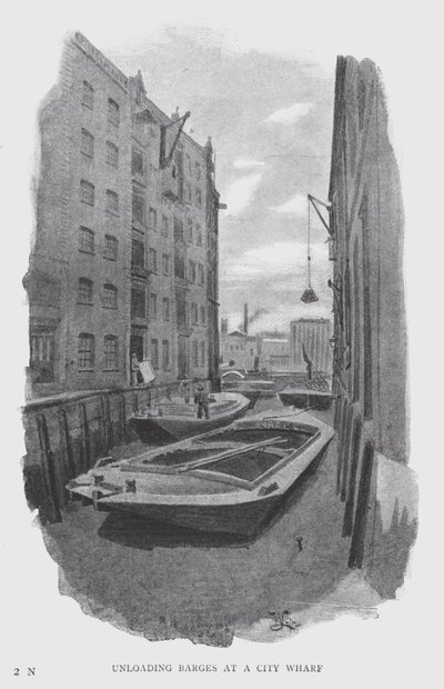 Lossing av lektere ved en bybrygge (litho) av William Luker