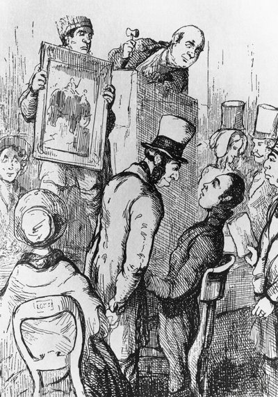 Elephant for Sale, illustrasjon for det 17. kapittelet av Vanity Fair, roman av William Makepeace Thackeray (1811-1863), gravering etter tegning av William Makepeace Thackeray (1811-1863), utgitt i Chicago i 1882 av William Makepeace Thackeray