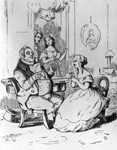 Mr Joseph Sedley viklet inn av Becky Sharp, illustrasjon for første kapittel av Vanity Fair, roman av William Makepeace Thackeray (1811-1863), gravering etter tegning av William Makepeace Thackeray (1811-1863), utgitt i Chicago i 1882 av William Makepeace Thackeray