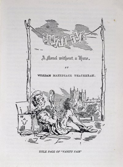 Tittelside til 'Vanity Fair, a Novel Without a Hero', med et selvportrett av kunstneren og forfatteren, pub. 1848 av William Makepeace Thackeray