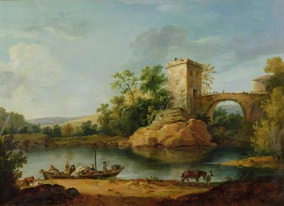 Et skogkledd italiensk elvelandskap med bønder i en lekter og en bro bortenfor, ca. 1770 (akvarell) av William Marlow