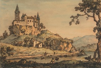 Slott med utsikt over en elv av William Marlow