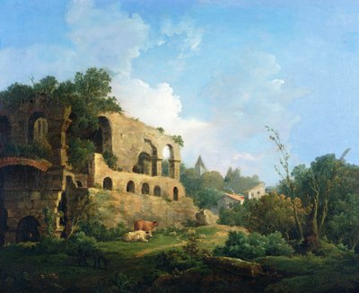 Italiensk landskap med et hus nær klassiske ruiner av William Marlow