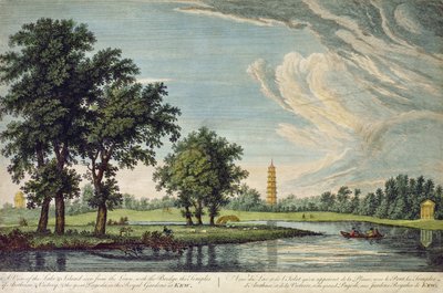 Kew, en utsikt over innsjøen og øya sett fra plenen, med broen, templene til Arethusa og Victory og den store pagoden i Royal Gardens i Kew av William Marlow