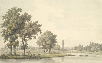 Utsikt over innsjøen og øya fra plenen ved Kew, 1763. av William Marlow