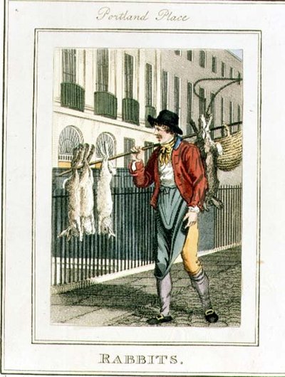 Rabbits, Portland Place, fra "Cries of London", pub. av Richard Phillips (1778-1851) 1804 (gravering) av William Marshall Craig