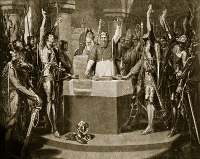 The Oath of the Barons, 1214, illustrasjon fra Hutchinsons Story of the British Nation, ca. 1920 av William Martin