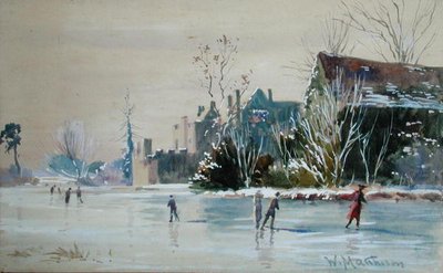 Skating på Broughton Castle (akvarell og kroppsfarge på papir) av William Matthison